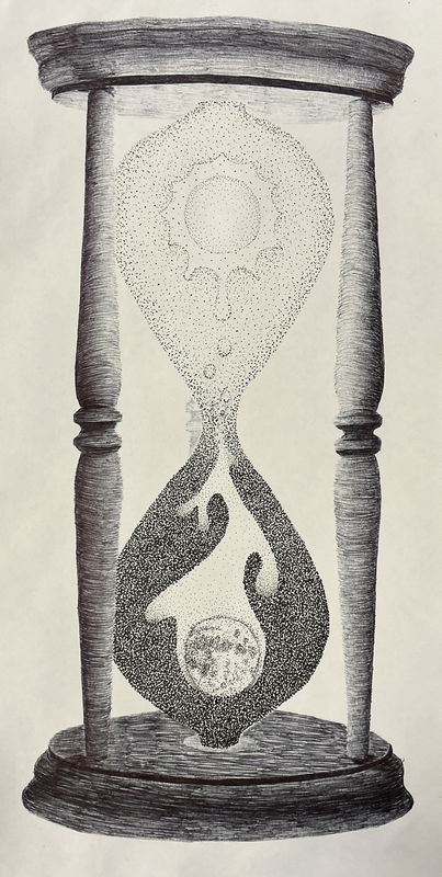 An ink drawing of an hourglass, with the sun on the top and the moon on the bottom.