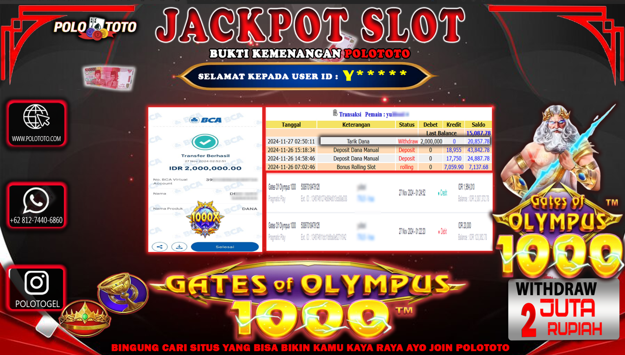 POLOTOTO JACKPOT SLOT GATES OF OLYMPUS 1000  Rp.2.000.000,-