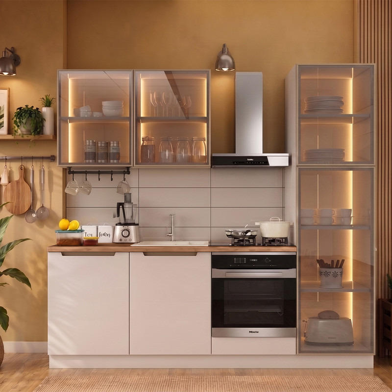 Hera 230 cm Mutfak Dolabı Seti %100 MDF Ledli Boy Dolaplı Fırın Modüllü Lavabolu Raflı Mutfak Dolabı Takımı 6 Modül Tezgah Dahil Bej