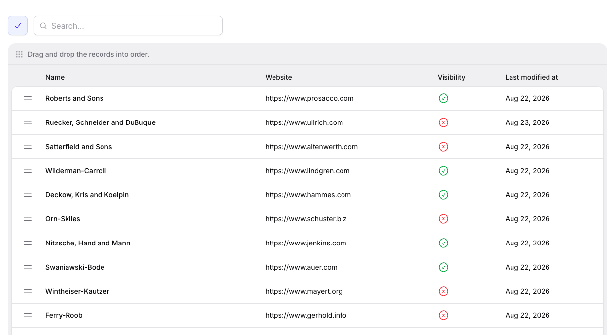 Stature Theme Brands table reordering state in light mode