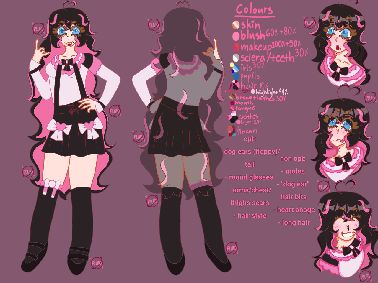 A reference image of my sona. I am a pale skinned person with multiple moles, black hair with pink streaks, blue eyes, and wearing a jirai kei style outfit