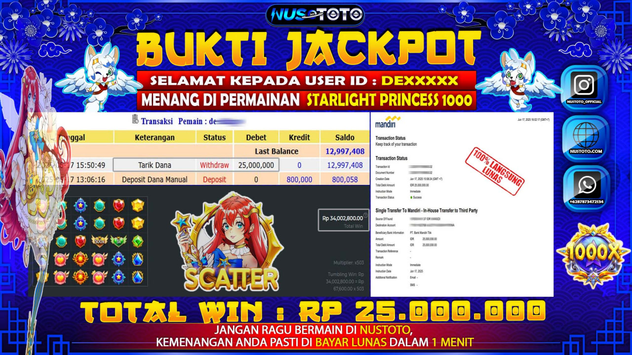 JACKPOT !! MENANG BESAR DI SLOT STARLIGHT PRINCESS 1000 Rp. 25.000.000 LANGSUNG DI BAYAR LUNAS NUSTOTO !!