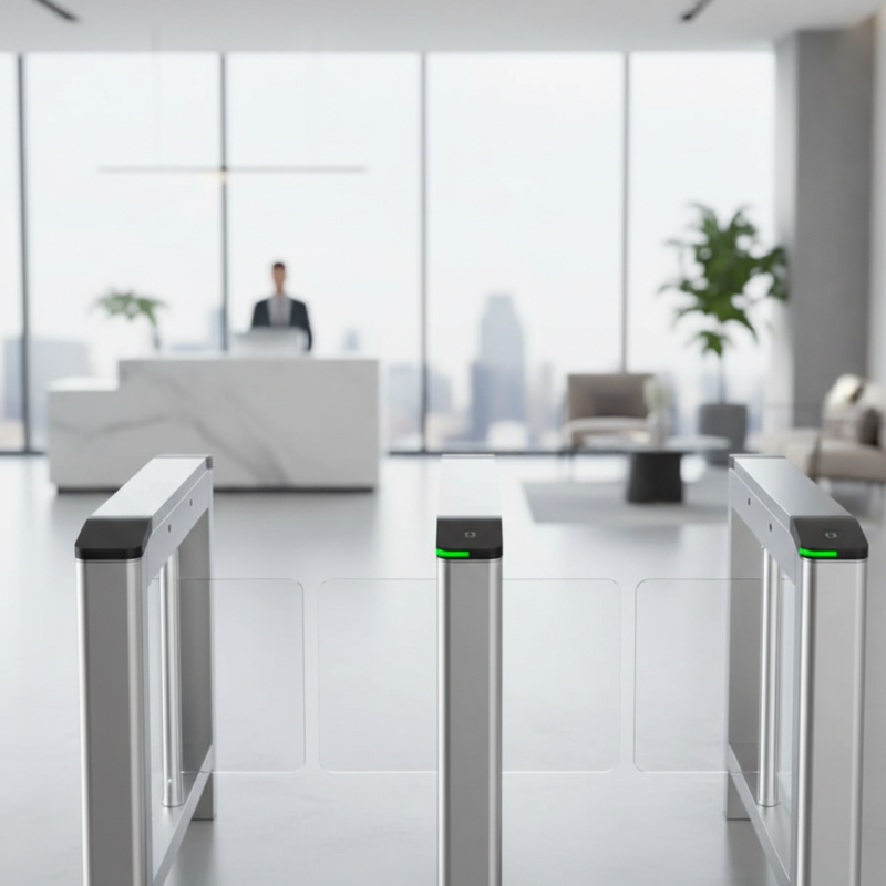 Catraca Swing Hikvision em uma recepção de empresa