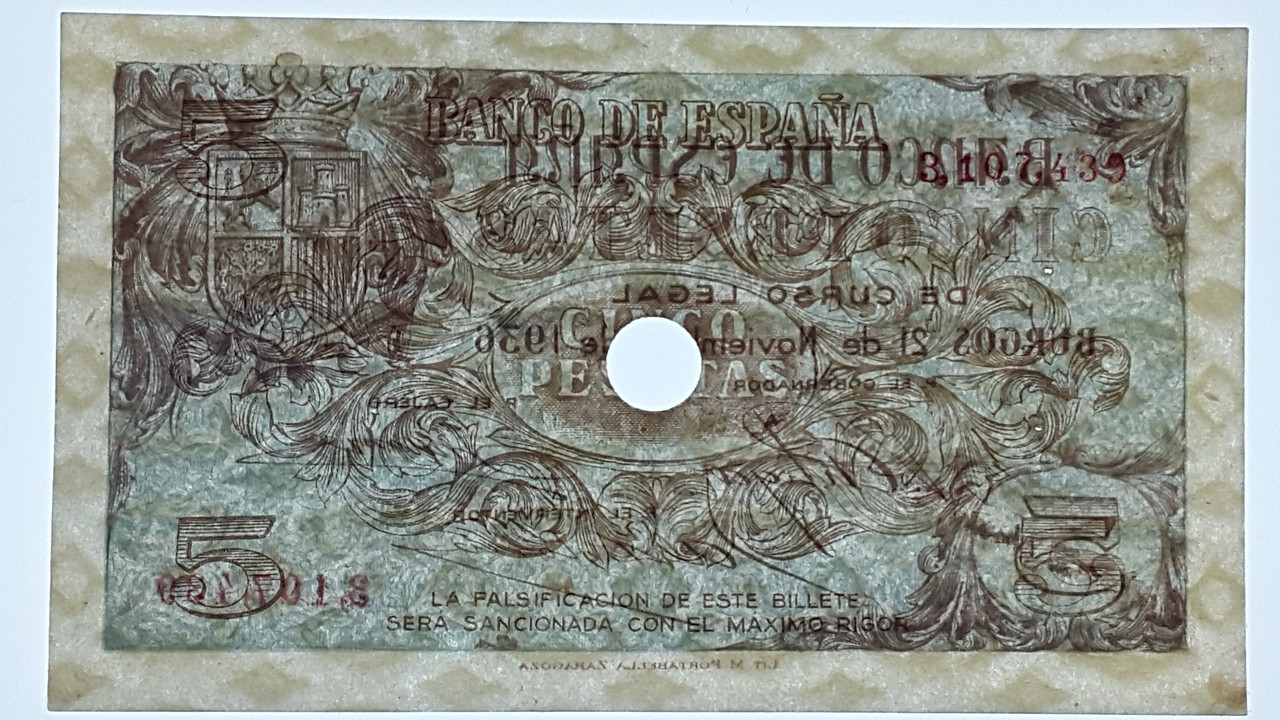 5 pesetas 1936, este billete tiene un agujero 20180927_191306