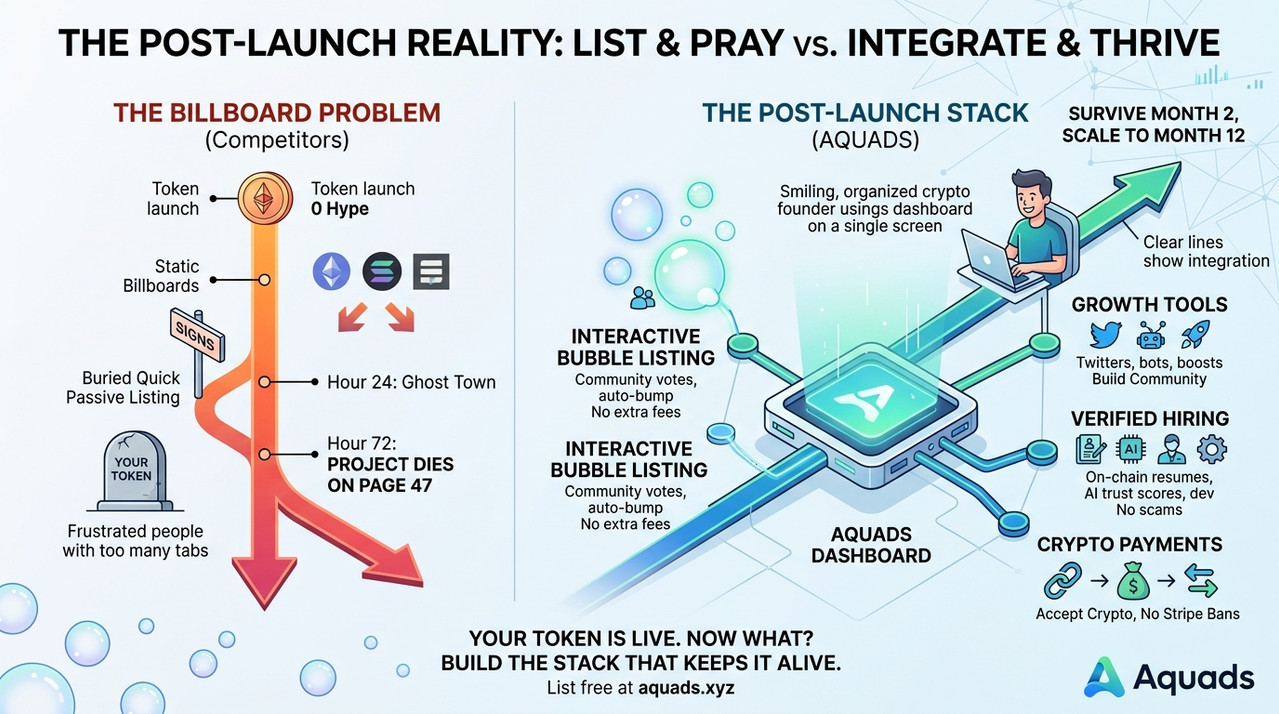 Not a Billboard. A Stack. Why Token Listing Sites Are Broken — And What Aquads Built Instead