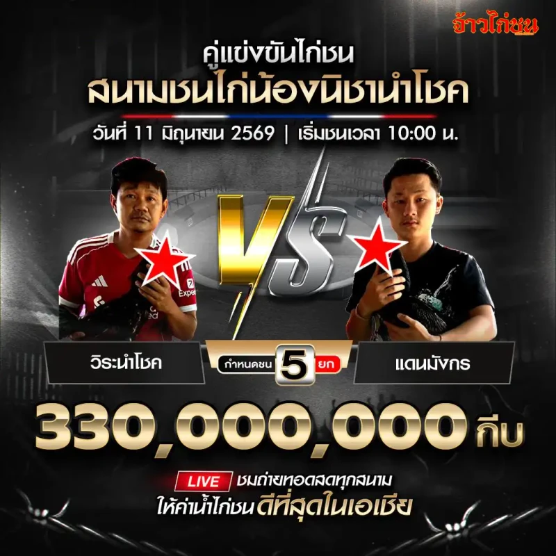 วีระนำโชค vs แดนมังกร สนามชนไก่น้องนิชานำโชค 11 มิถุนายน 2569