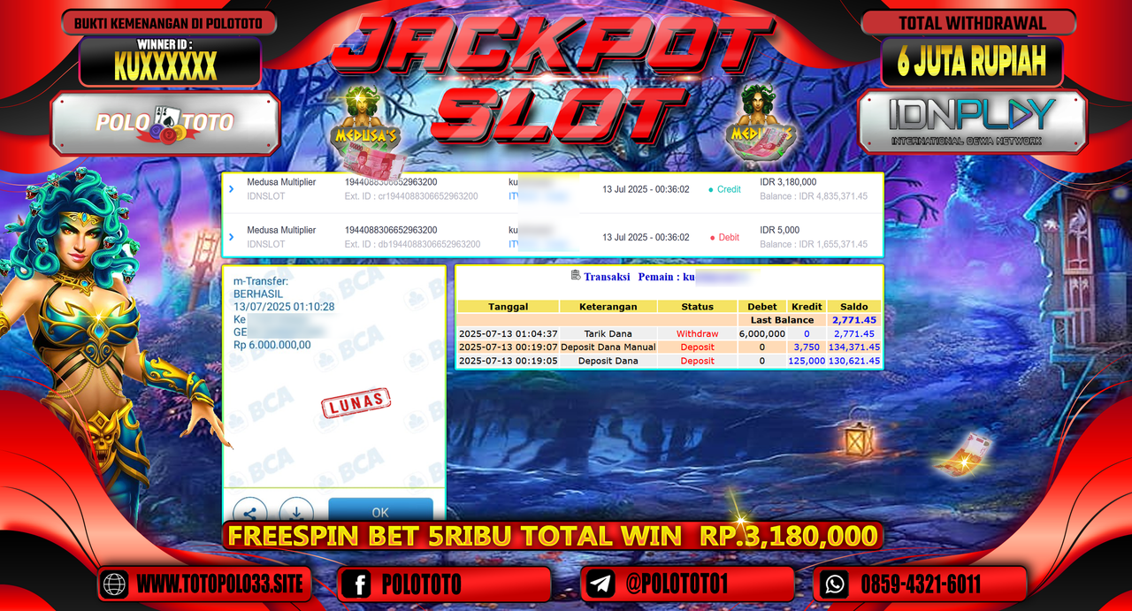 POLOTOTO JACKPOT SLOT MEDUSA MULTIPLIER Rp.6.000.000,-
