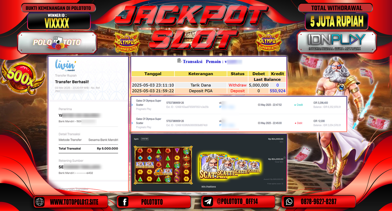POLOTOTO JACKPOT SLOT GATES OF OLYMPUS SUPER SCATTER Rp.5.000.000,-