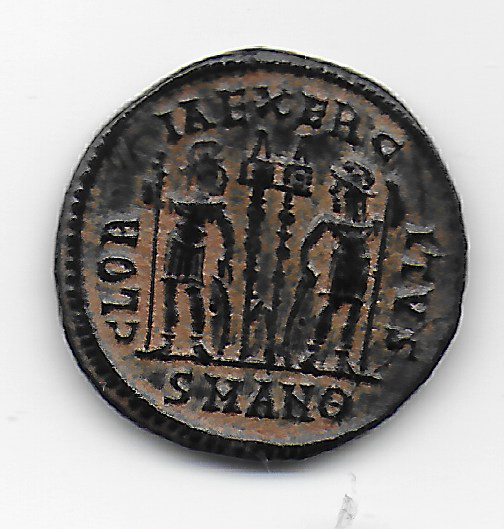 AE3 de Constantino II. GLORIA EXERCITVS. Soldados entre 2 estandartes.  Antioquia  Constantinno-2