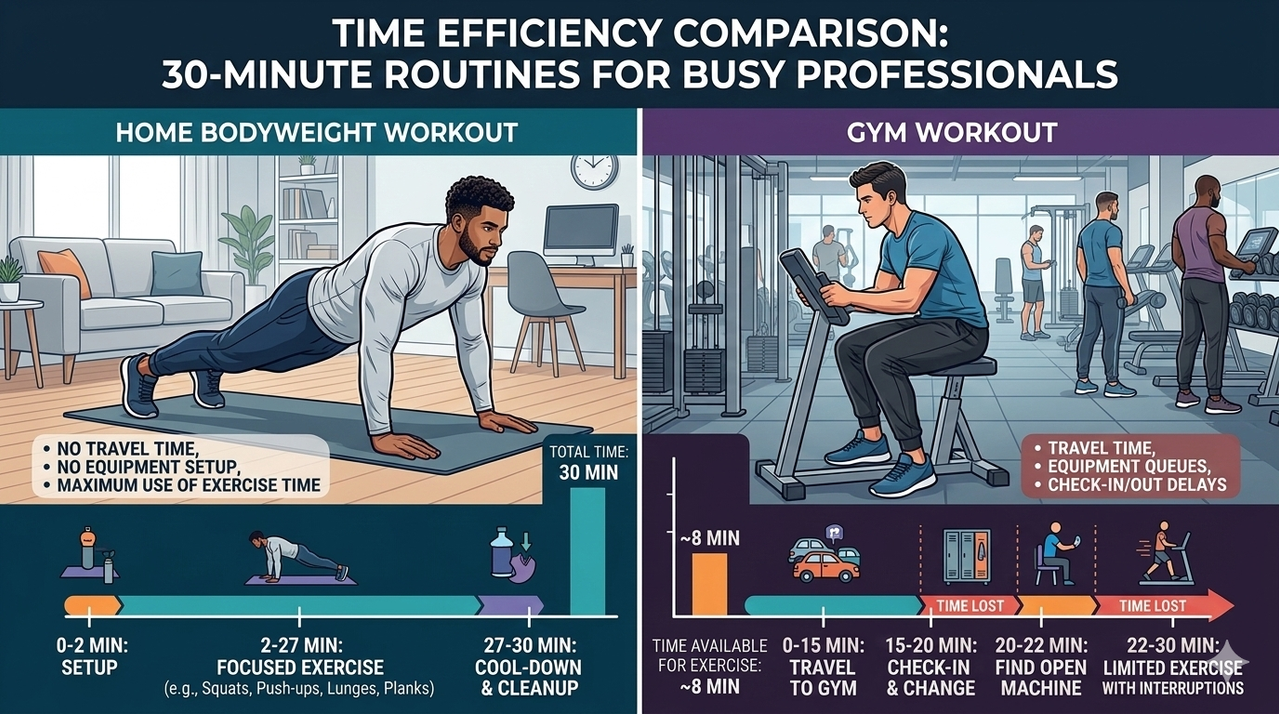 Chart showing time efficiency of bodyweight workouts vs gym workouts for 30-minute bodyweight routine for busy professionals