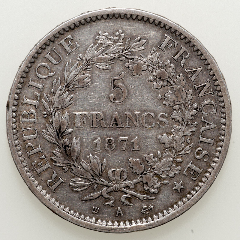 5 francos Francia tipo Hércules 1871 Camélinat. El duro de la Comuna de París. PAS6255b