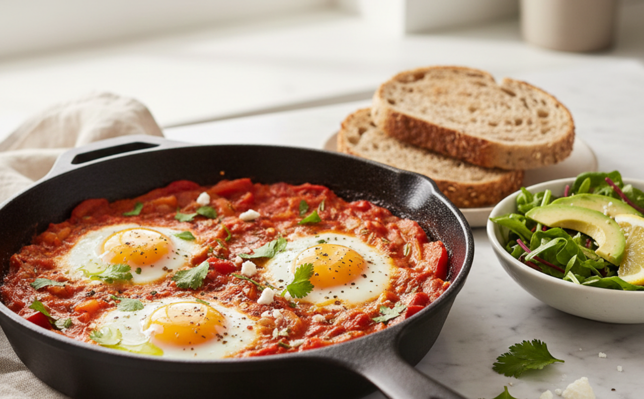 Healthy shakshuka with eggs anti-inflammatory high protein breakfast