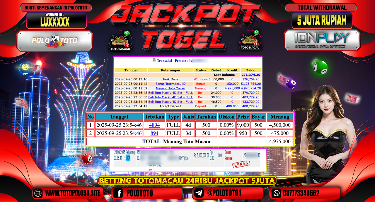 POLOTOTO JACKPOT TOGEL TOTO MACAU Rp.5.000.000,- LUNAS