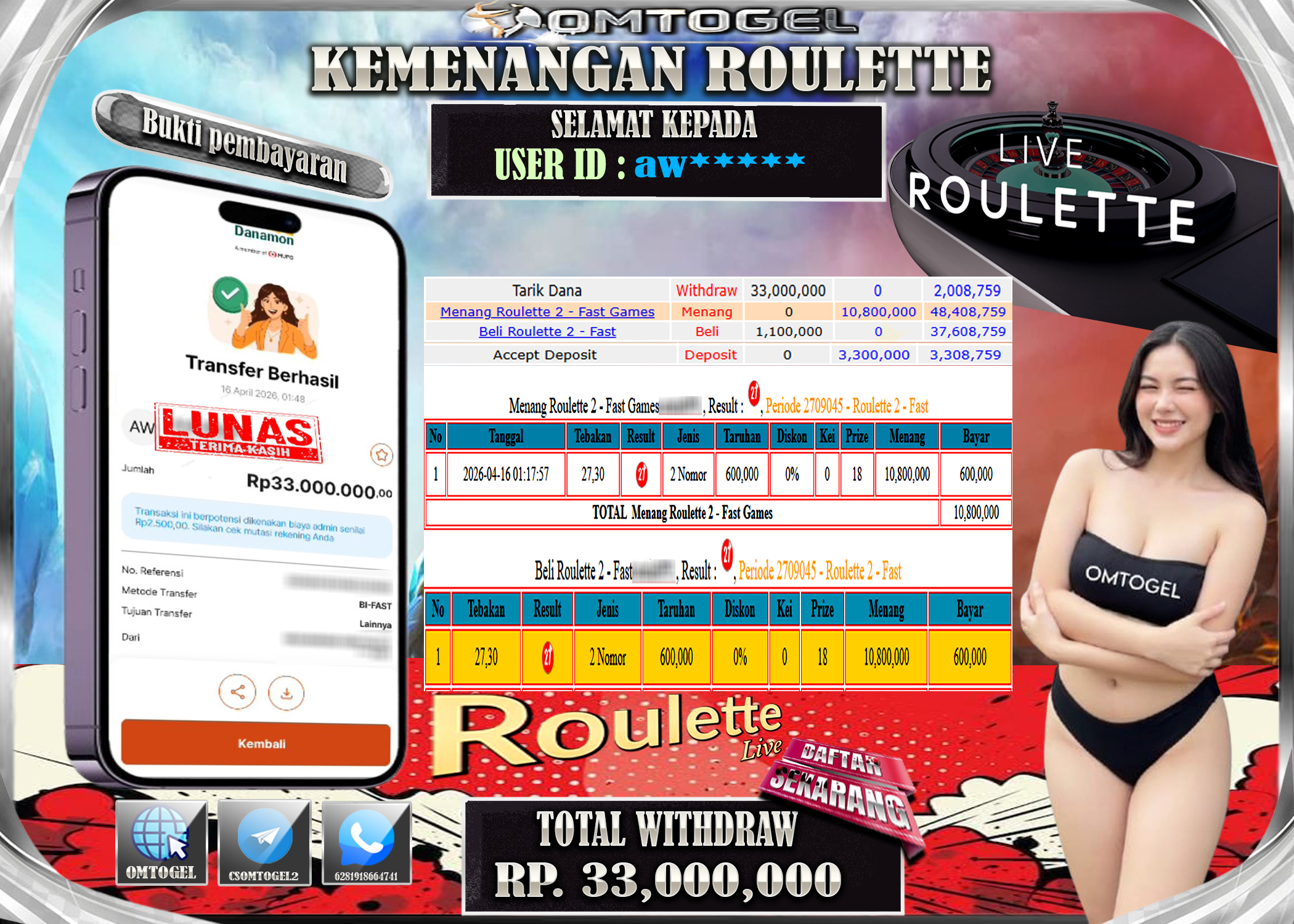 OMTOGEL JACKPOT LIVE GAMES ROULETTE 2 - FAST GAMES , 33 JUTA DI BAYAR LUNAS ,-