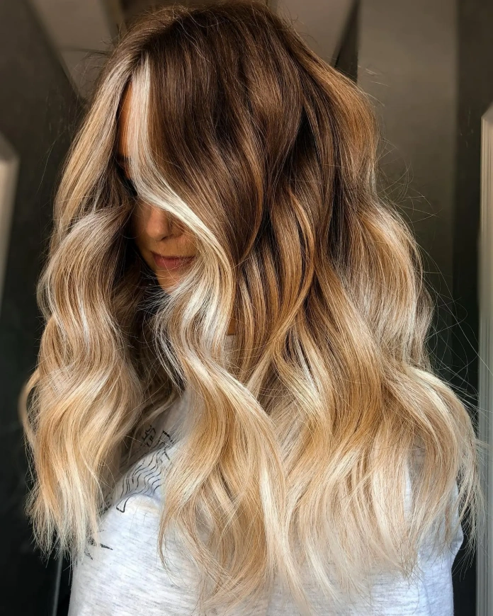 Brilliant golden blonde color on brunette hair