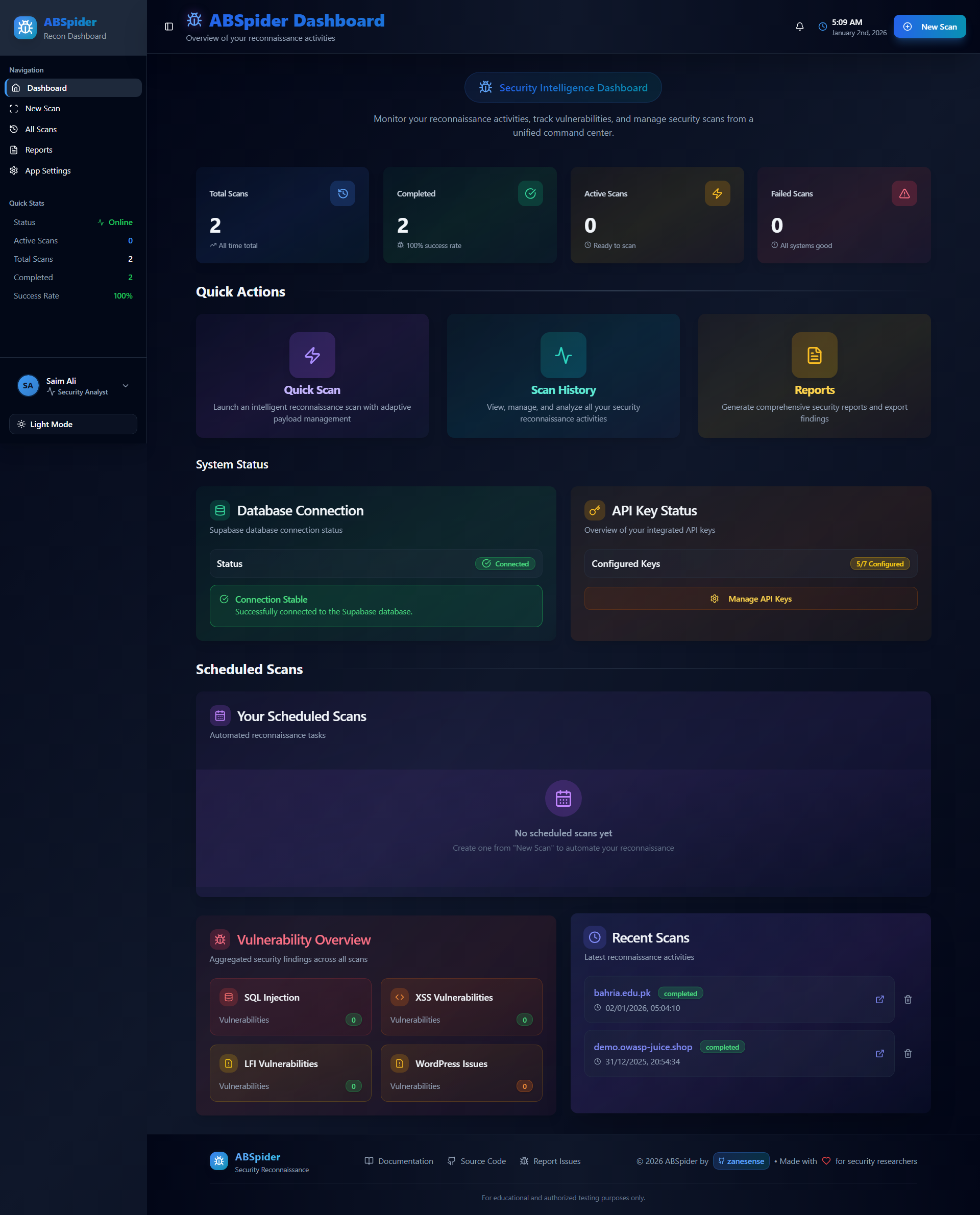 ABSpider Recon Dashboard Interface