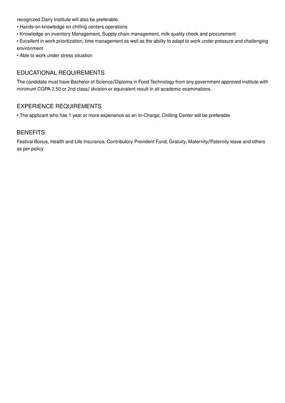 In-charge, Chilling Center (Aarong Dairy)-2