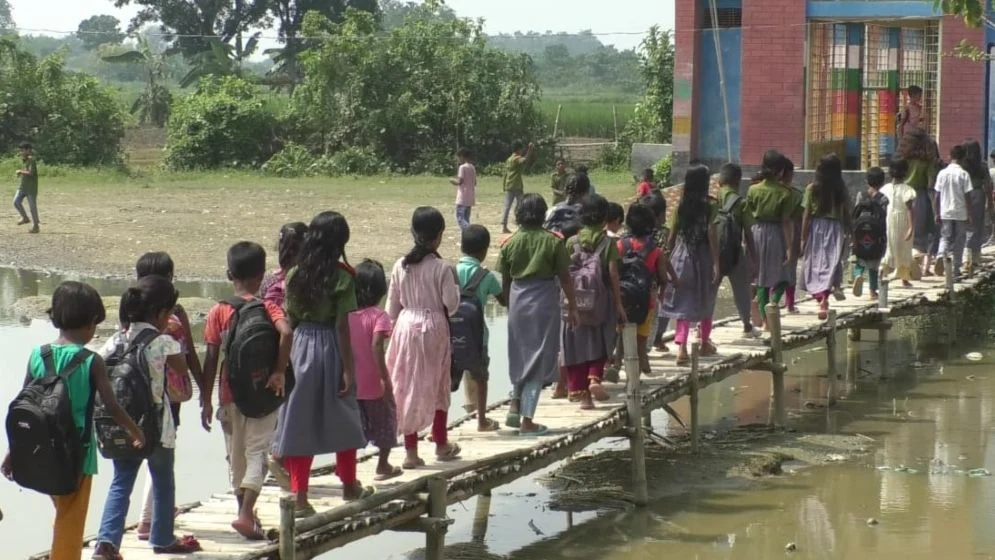 ২১ বছর ধরে সড়ক নেই, বাঁশের সাঁকোতে ঝুঁকি নিয়ে স্কুলে যায় শিশুরা