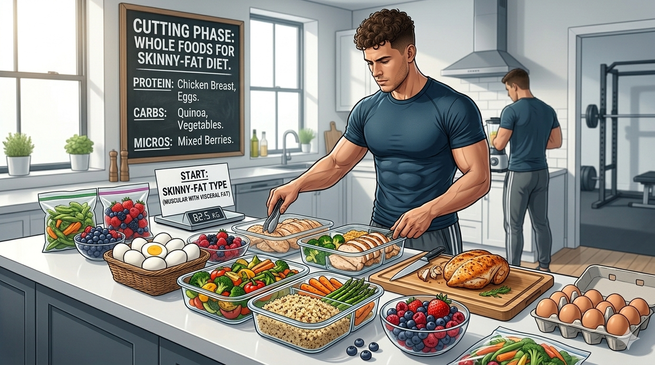 Healthy whole foods for cutting phase arranged on table including chicken breast vegetables quinoa eggs and berries for skinny-fat diet