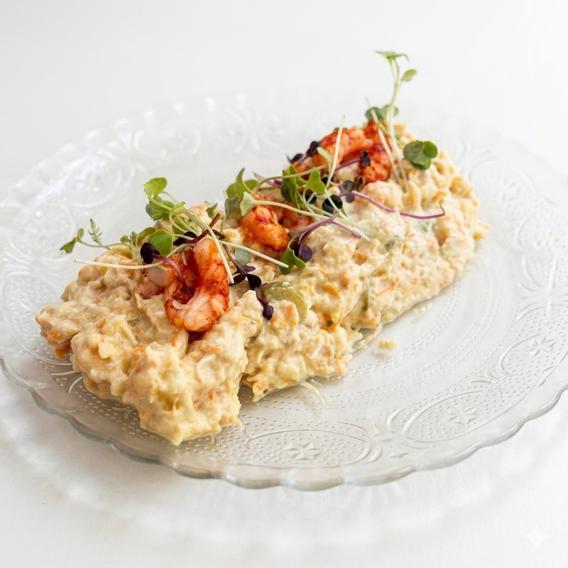 Ensaladilla rusa con ventresca, gamba roja y toque de brasa