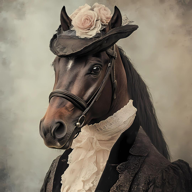 Lady Horse with a detailed head accessory including a hat adorned with a delicate pink rose
