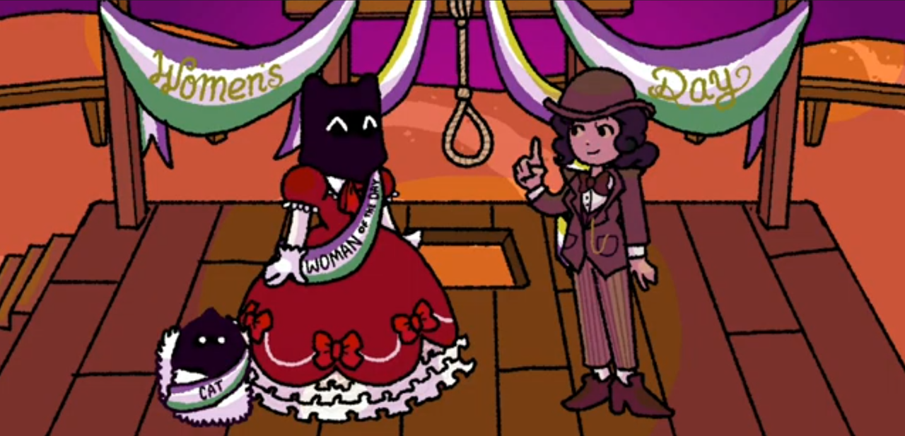 a woman in a red dress wearing an executioners hood wearing a sash that says woman of the day with the genderqueer pride flag colors standing on the gallows platform with her cat next to a woman pointing upward a noose is visible in the background alongside big ribbons that say womens day in genderqueer pride colors