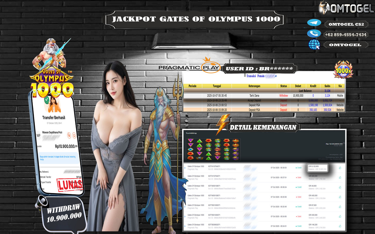 OMTOGEL JACKPOT PRAGMATIC PLAY GATES OF OLYMPUS 1000 10 JUTA DI BAYAR LUNAS ,-