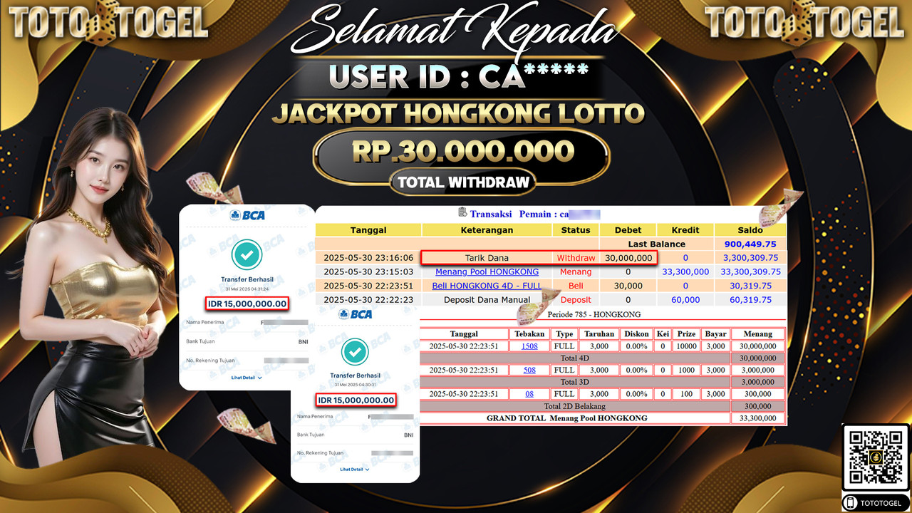 Bukti Pembayaran Jackpot Permainan Togel Hongkong Lotto ID:CA***** LUNAS