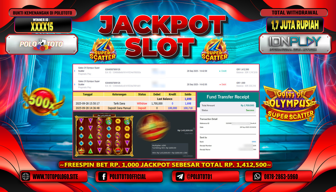 POLOTOTO JACKPOT SLOT GATES OF OLYMPUS SUPER SCATTER Rp.1.700.000,- LUNAS