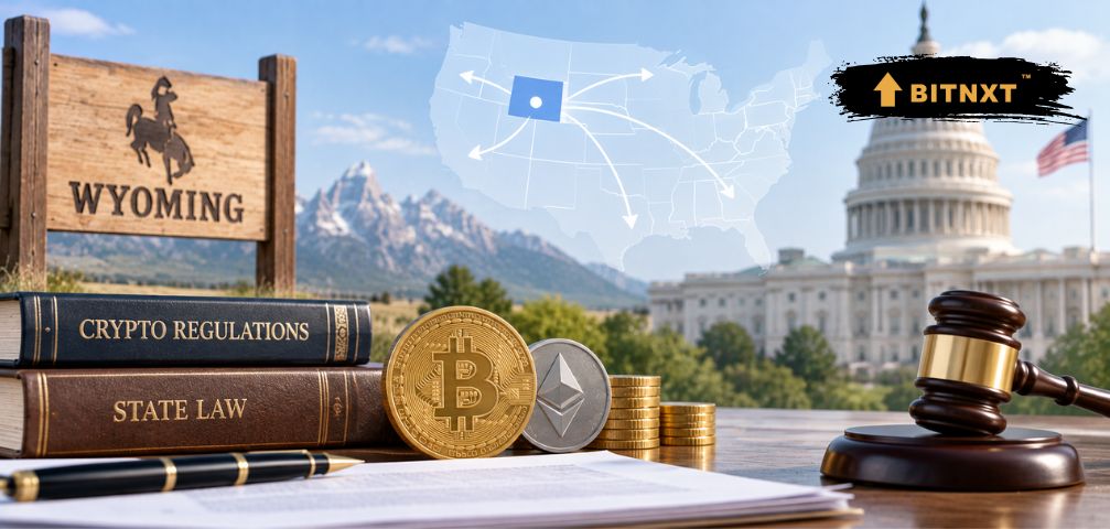 Wyoming crypto regulations expanding nationwide under the CLARITY Act with U.S. Capitol and cryptocurrency symbols.