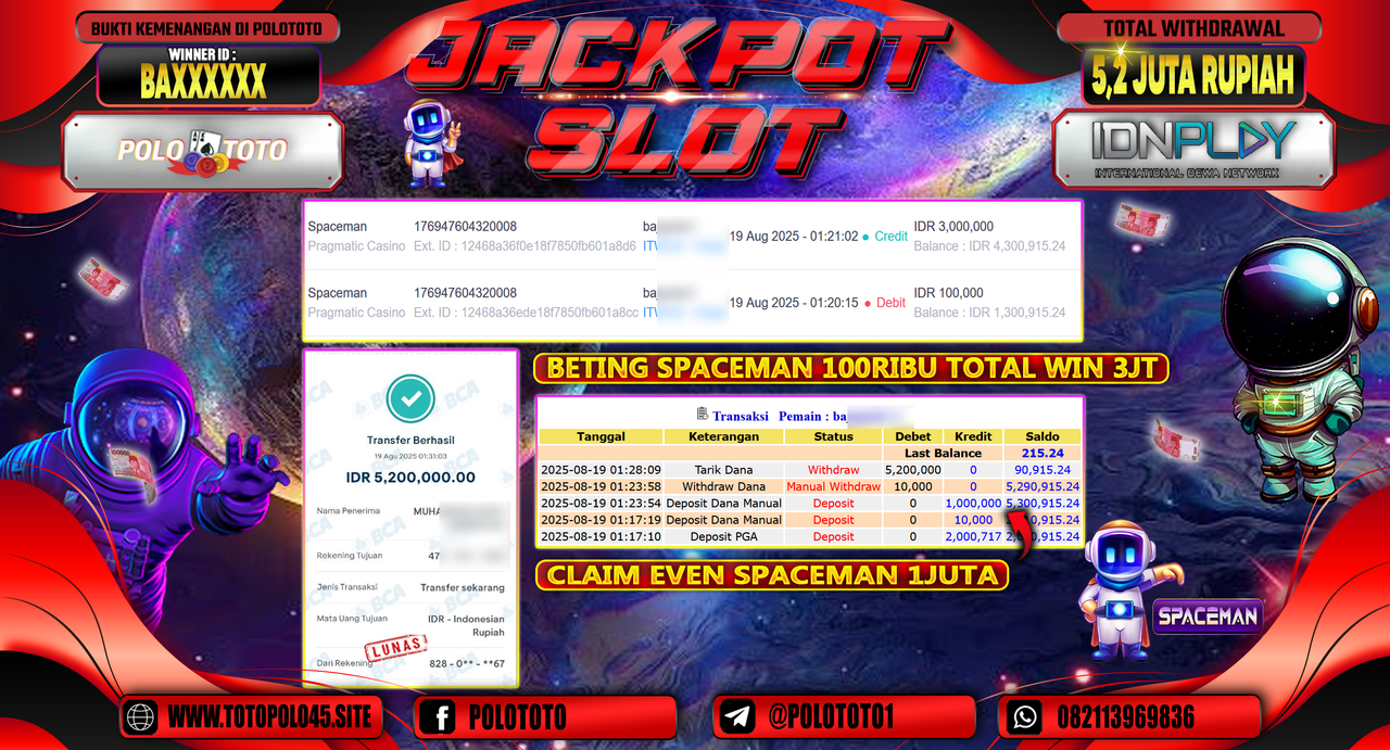 POLOTOTO JACKPOT SLOT SPACEMAN Rp.5.200.000,-