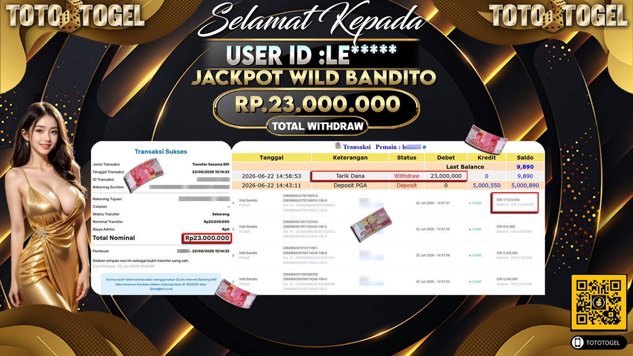 Bukti Pembayaran Jackpot Permainan Slot Wild Bandito ID:LE*****LUNAS
