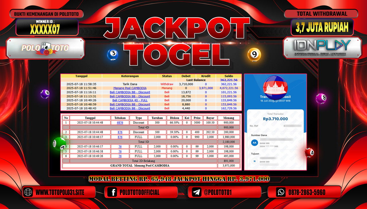 POLOTOTO JACKPOT TOGEL POOL CAMBODIA Rp.3.700.000,- LUNAS