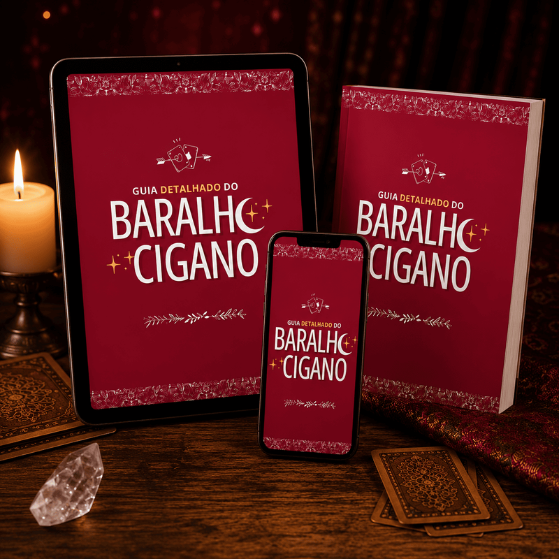 Guia Detalhado do Baralho Cigano — mockup em tablet, livro e celular