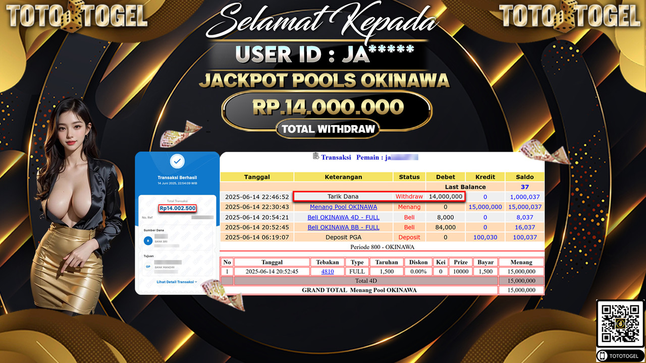 Bukti Pembayaran Jackpot Permainan Togel Pools Okinawa ID:JA***** LUNAS