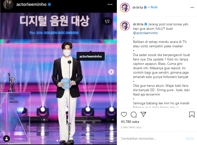 dr Tirta salut dengan sikap Lee Min Ho yang tetap memakai masker saat tampil di TV