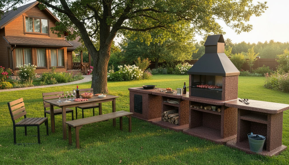 Организация у барбекю-комплекса: крючки, держатели, полки