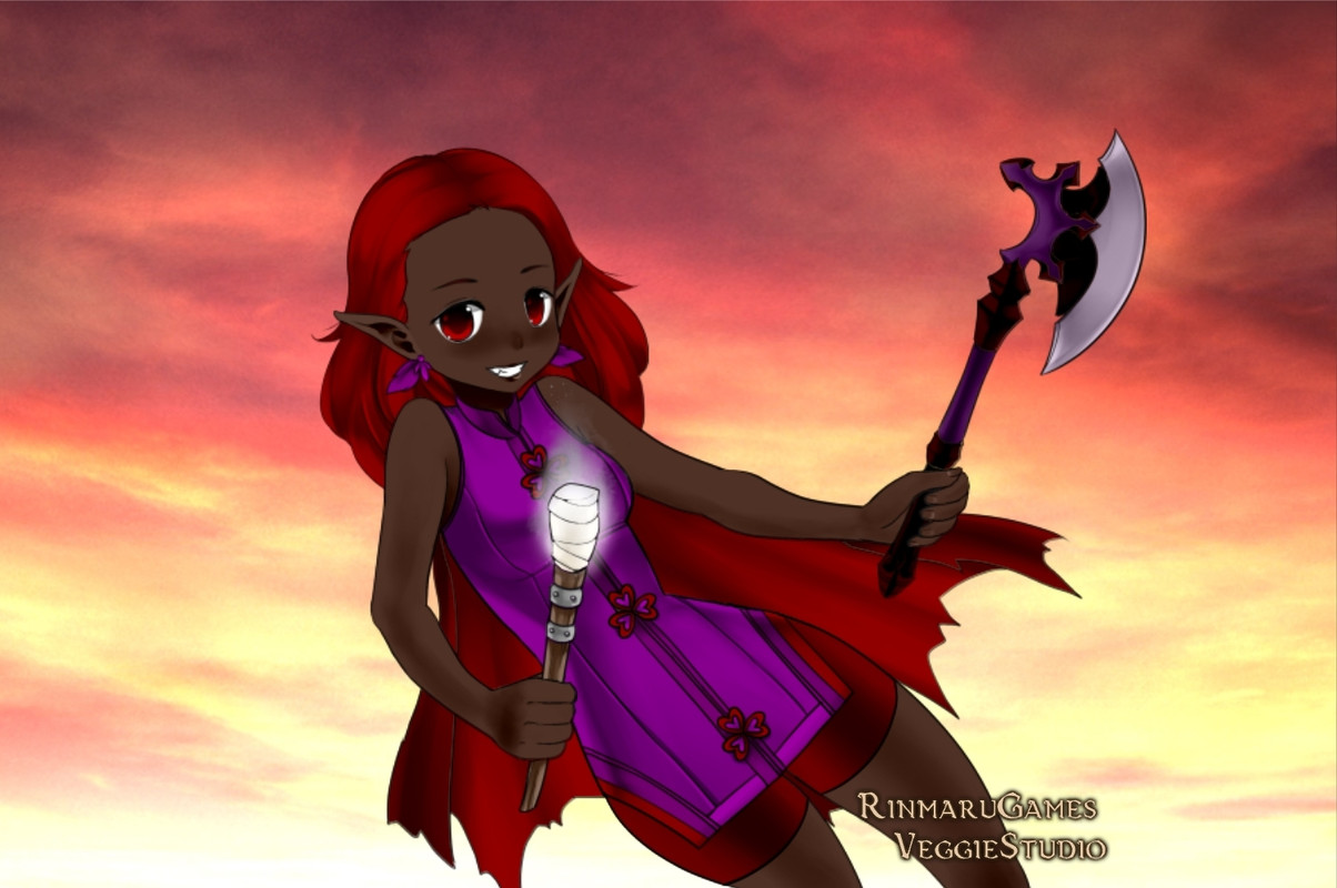 Foramen as a young girl with brown skin, red hair and a purple bodysuit. She is holding an axe and a gently burning torch