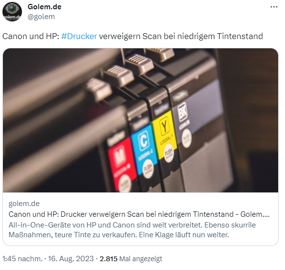 Klagen gegen HP/Canon wegen verweigertem Scan bei zu wenig Tinte