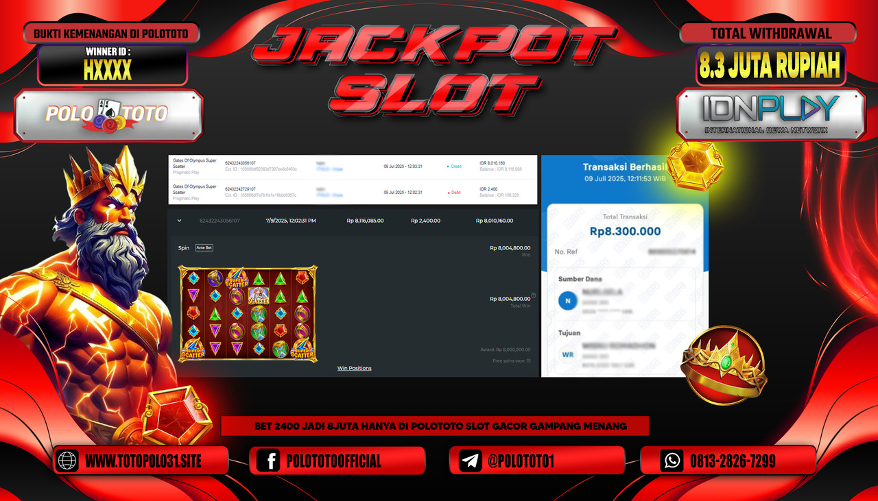 POLOTOTO JACKPOT SLOT GATES OF OLYMPUS SUPER SCATTER Rp.8.300.000,- LUNAS