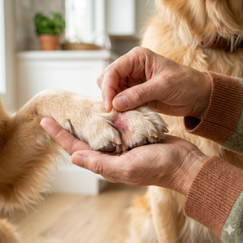 Tutor segurando pata de cachorro com vermelhidão — sinal de alergia alimentar que pode melhorar com ração grain free