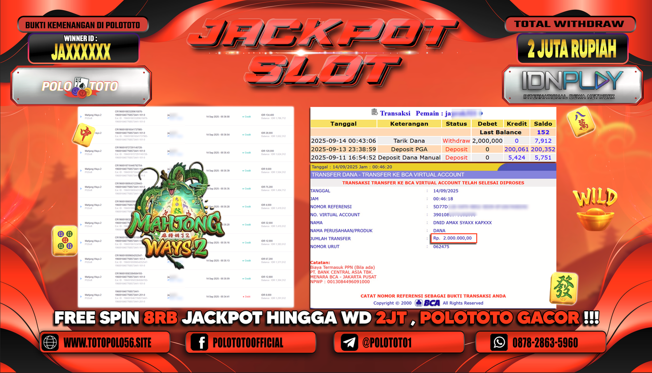 POLOTOTO JACKPOT SLOT MAHJONG WAYS 2 Rp.2.000.000,-