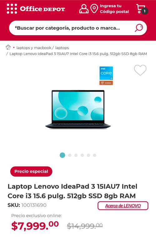 Office Depot Laptop Lenovo IdeaPad 3 15IAU7