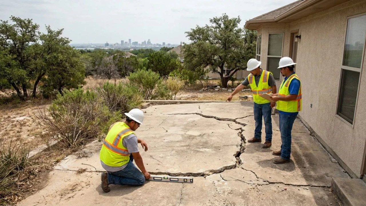 Cracked and sunken concrete patio in San Antonio backyard showing typical damage before professional repair or replacement assessment