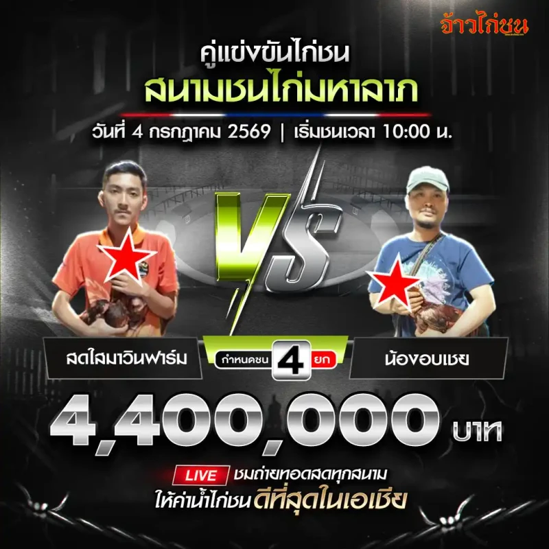 สดใส มาวินฟาร์ม vs น้องอบเชย โปรแกรมไก่ชน สนามมหาลาภ 4 กรกฎาคม 2026 รูปที่สอง