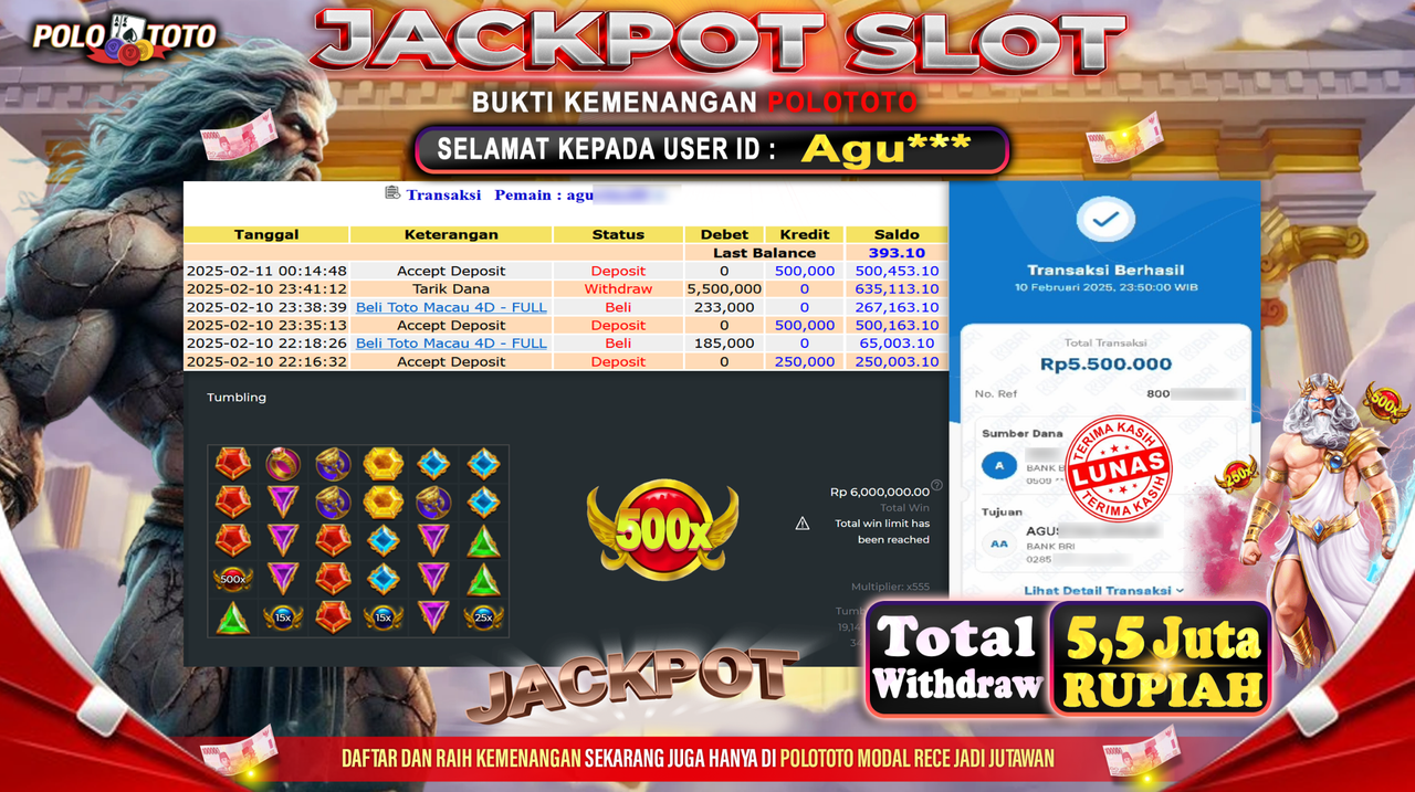 POLOTOTO JACKPOT SLOT GATES OF OLYMPUS Rp.5.500.000,-