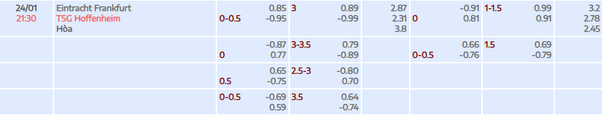Tỷ lệ kèo Bundesliga Frankfurt vs Hoffenheim