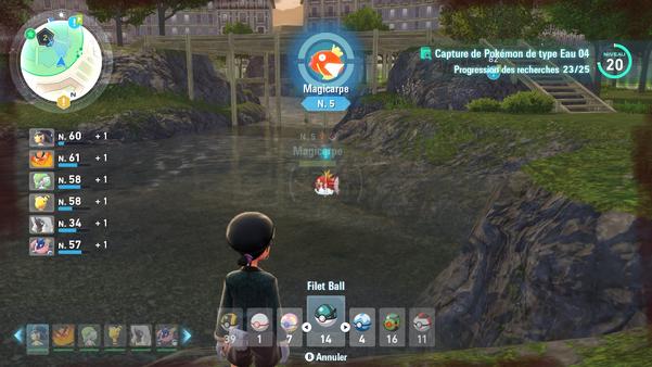 still image showing my character standing at the edge of a large pond after just capturing a magicarpe