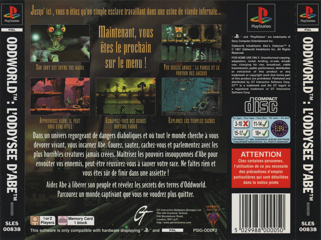 PS1 - Oddworld L'Odyssée Abe - arrière