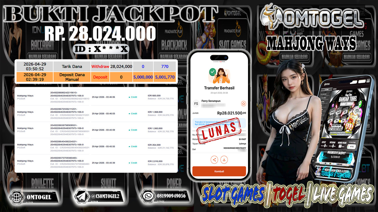 OMTOGEL JACKPOT PGSOFT MAHJONG WAYS 1 , 28 JUTA DI BAYAR LUNAS ,-